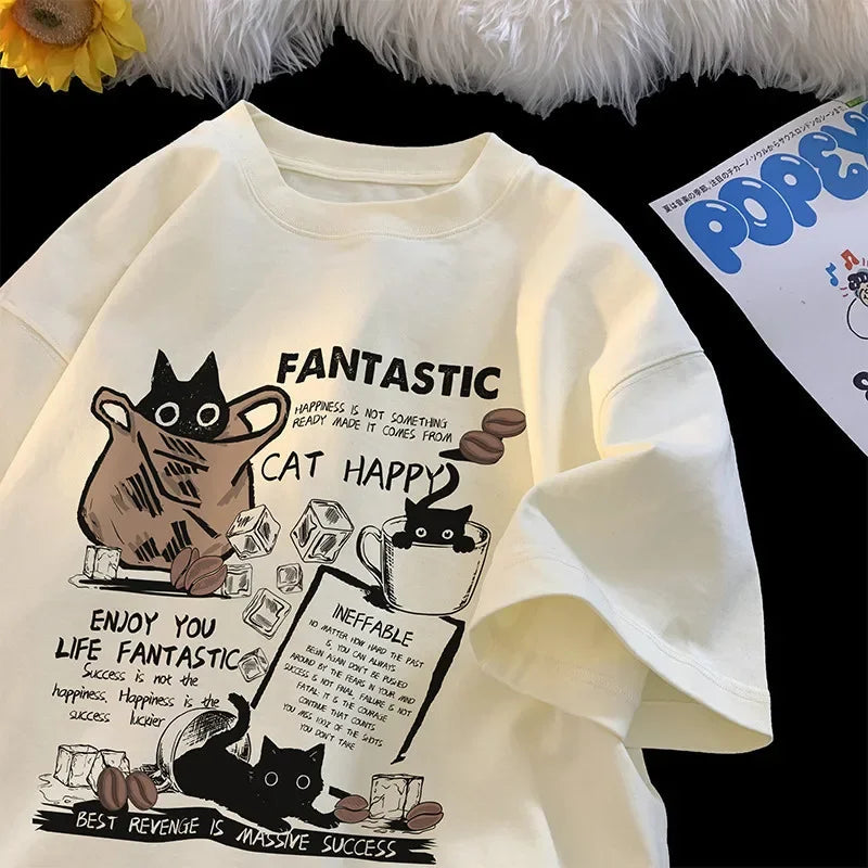 Fashion Hip Hop Oversize Men Women T Shirt Korean Cartoon Cat Group Printed T-Shirt Casual Short Sleeve Couples T-Shirt