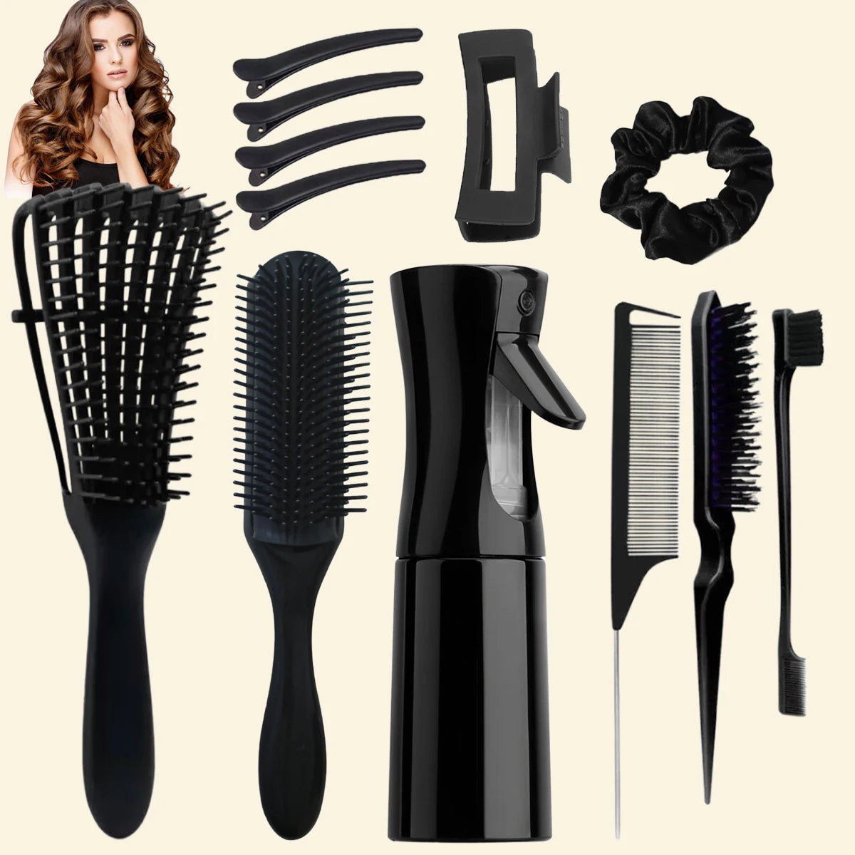 12pcs Detangling Brush Set, 200ml Continuous Spray Bottle, Premium Wide Tooth Comb, Scalp Massager Shampoo Brush, Brush Set with