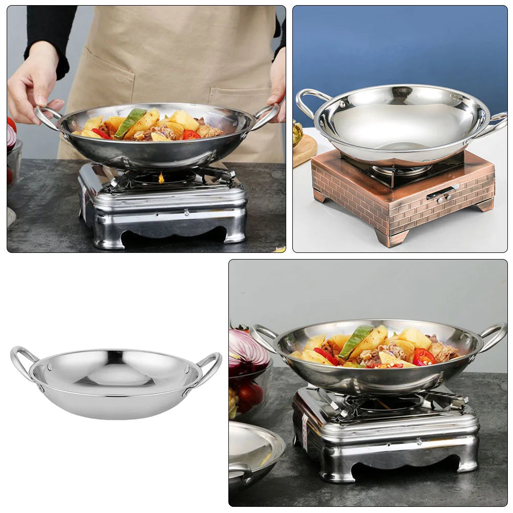 24/26CM Wok Pan Stainless Steel Household Griddle Pan with Double Handle Chinese Cooking Frying Pot Gas Cooker for Home Pans